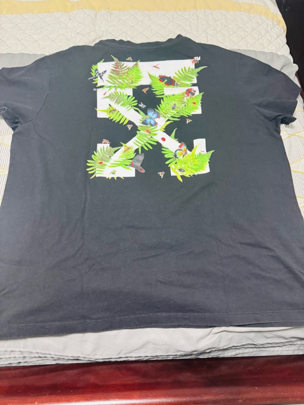 Off-White Black Tee with White Logo and Green Fern Graphic